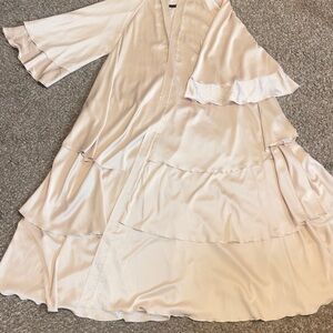 Soft Blush Satin Tiered Maxi Dress with Ruffle Sleeves